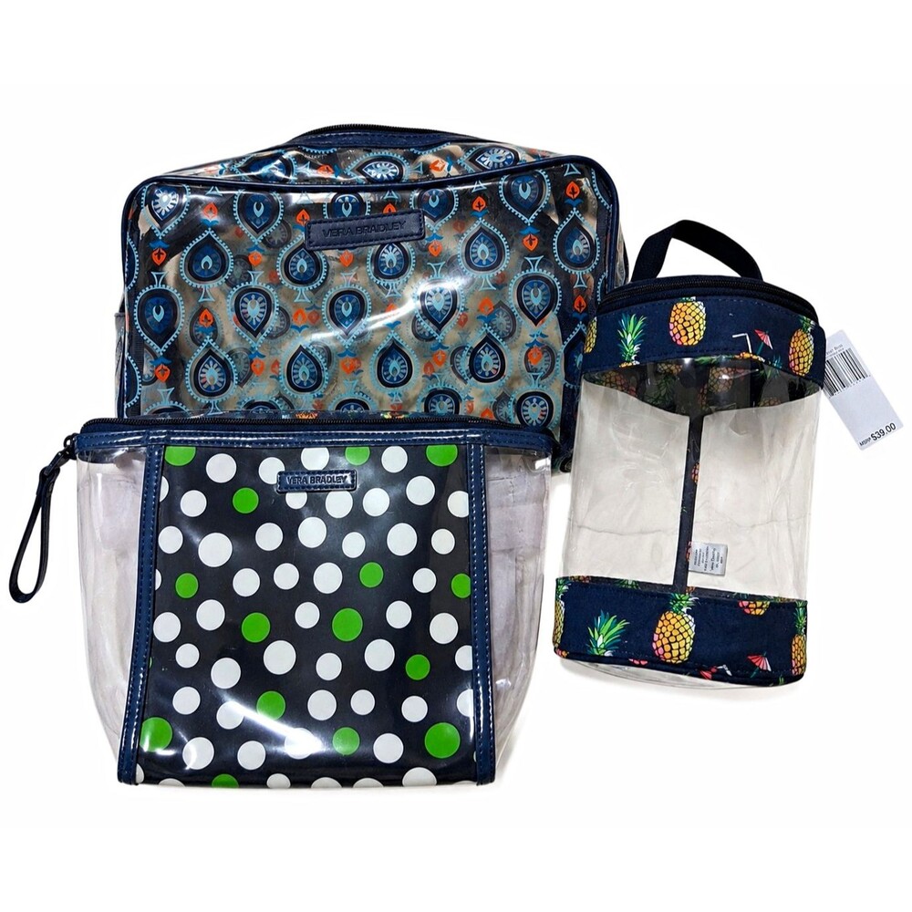 Vera Bradley Clear Cosmetic Travel Bag Lot 3 Lucky Dots Paisley Toucan Party NWT